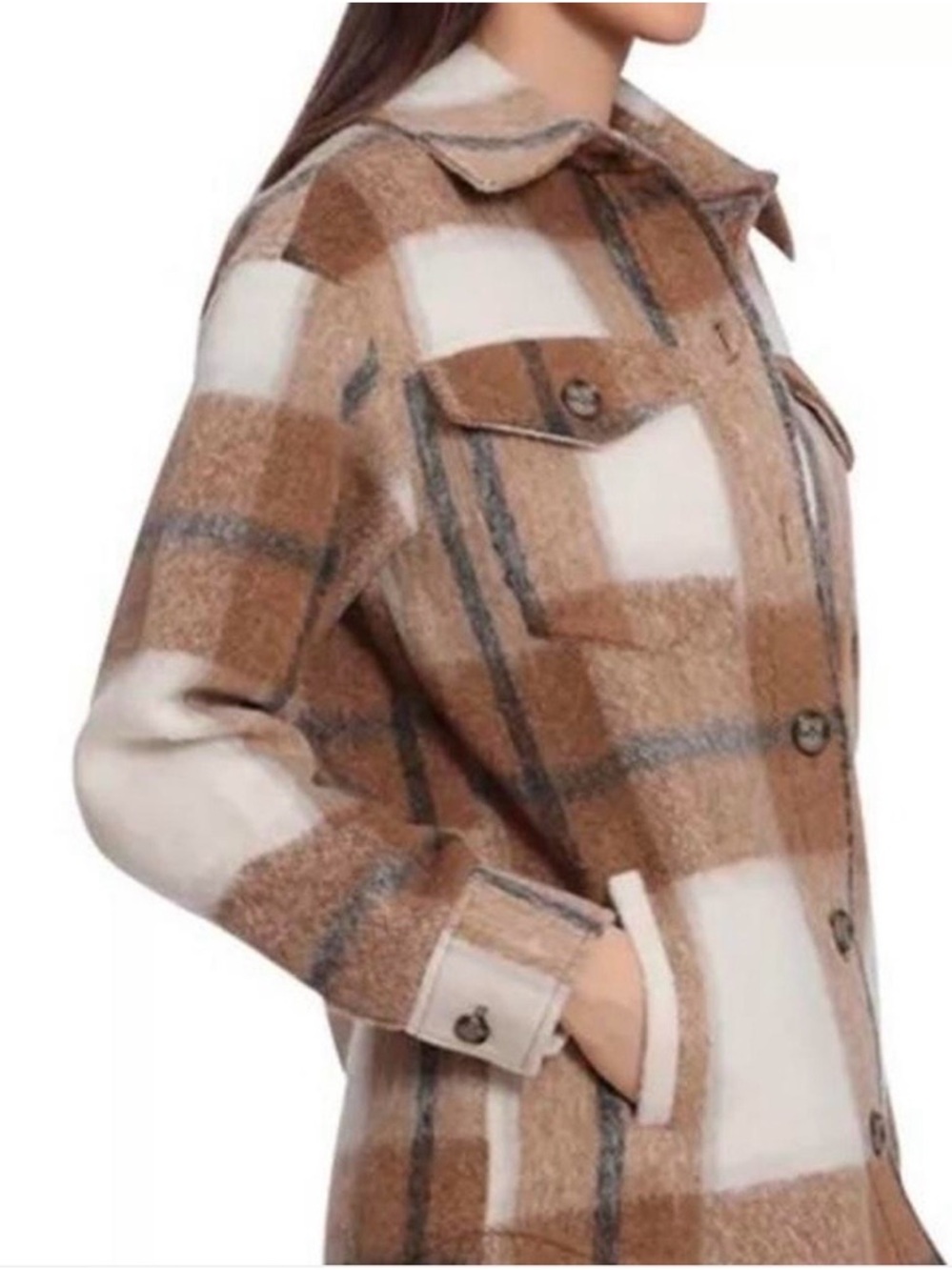 Avec les filles brown/cream boxy plaid oversized shirt jacket size small